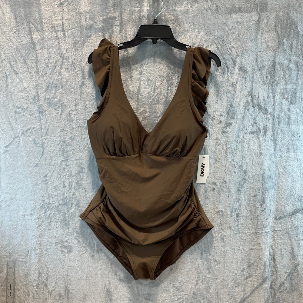 DKNY Womens Brown Ruffle V-Neck Ruched One Piece Swimsuit XXL DIMMS731 - Picture 1 of 7
